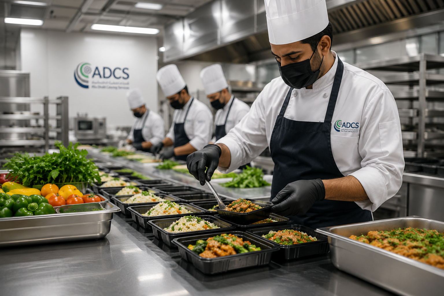 ADCS chefs preparing and portioning meals in a large-scale commercial kitchen